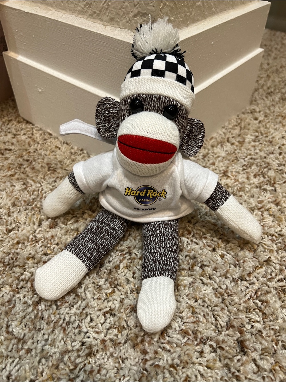 Hard Rock Cafe Black White Checkered Sock Monkey Plush with Guitar